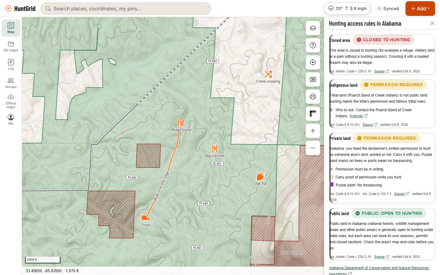 The hunting access rules for Alabama next to the map: closed areas, tribal land and private land need permission, national forest is open to hunting, each with its law and source.