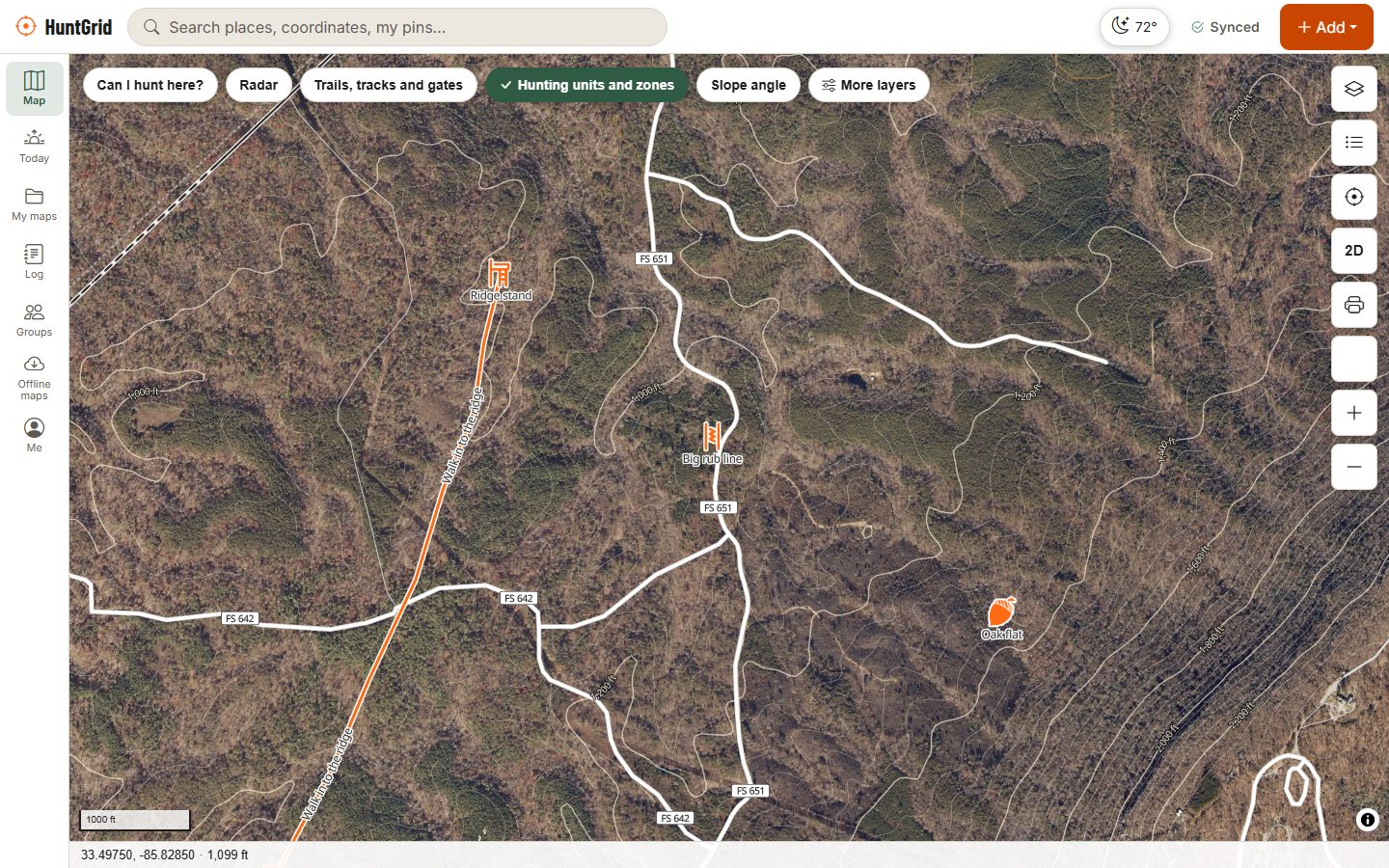 HuntGrid’s hybrid map on a computer: USGS aerial imagery of the Talladega National Forest with Forest Service roads, contour lines, a hunter’s ridge stand, rub line and oak flat, and the walk-in track.