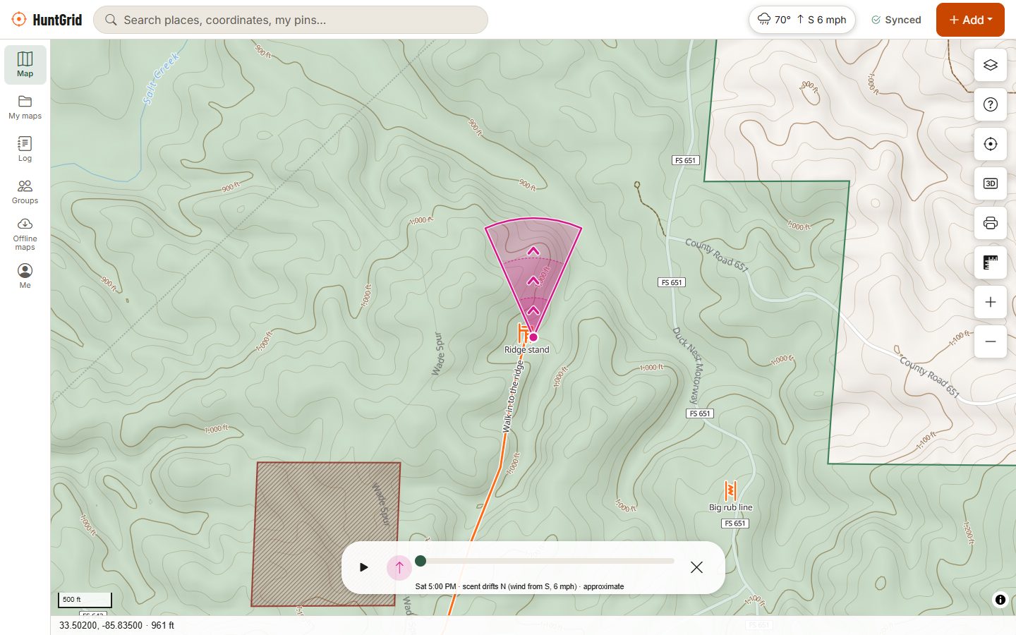 A scent cone drawn from a ridge stand, drifting north on a south wind, with a time slider to step through the forecast hours.