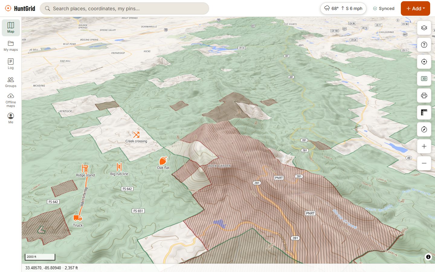 The forest in 3D: ridges and draws around Cheaha Mountain with public and closed land draped over the terrain.