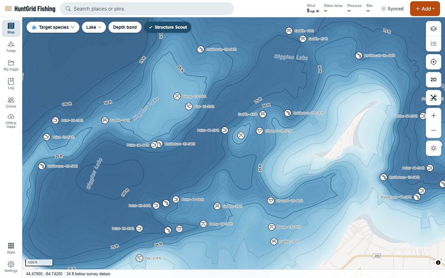 HuntGrid Fishing on a computer: a lake shaded from shallow to deep, with contour lines and Structure Scout labels.