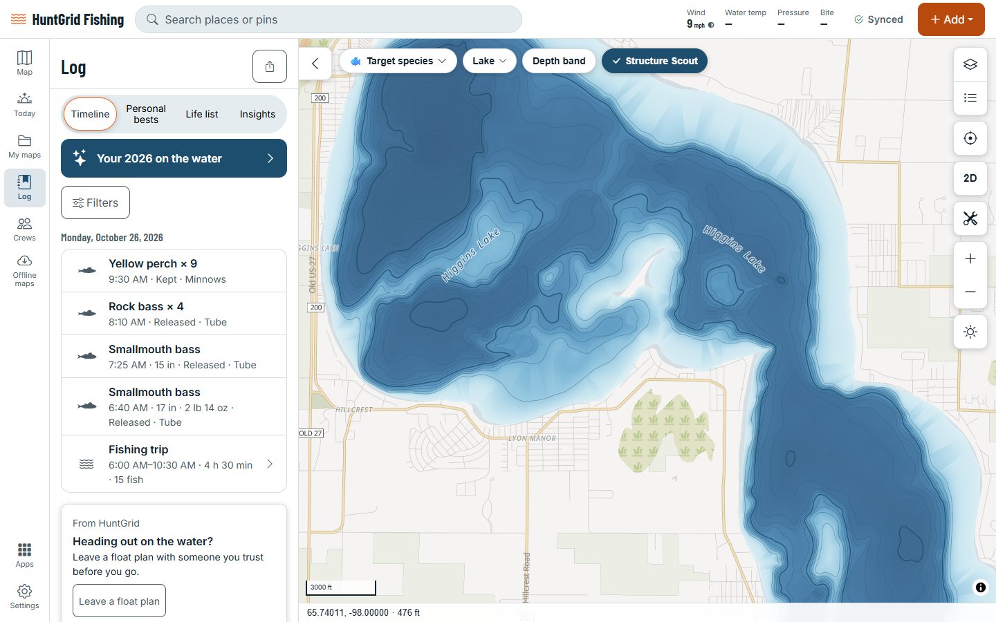 HuntGrid Fishing on a computer: the Log with a season of catches, filters by species and lure, and personal bests.