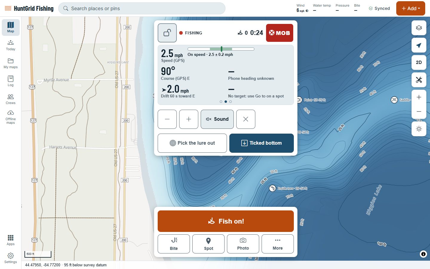 Fish Mode on a computer: the map following the boat, with speed, course and drift in big numbers and the trolling speed bar.