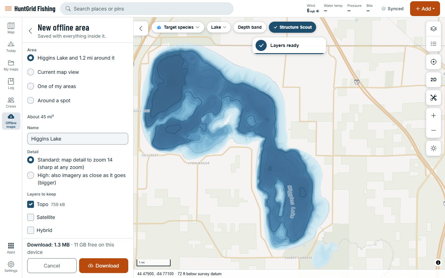 HuntGrid Fishing on a computer: a new offline area for a lake and 2 km around it, beside the lake’s depth map, with its name and download size.