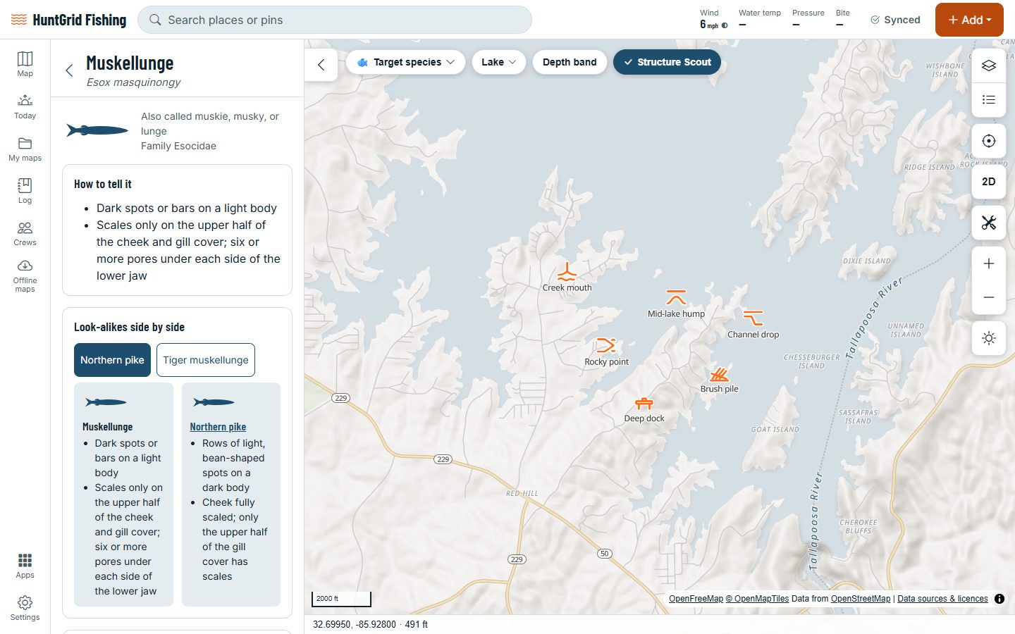 HuntGrid Fishing on a computer: the muskellunge page of the species guide, with its marks and its look-alikes.