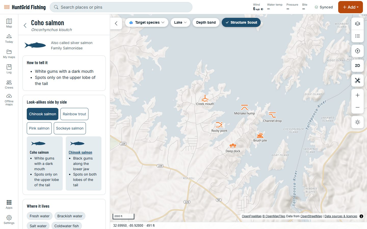 HuntGrid Fishing on a computer: the coho salmon page of the species guide, with its marks and its look-alikes.