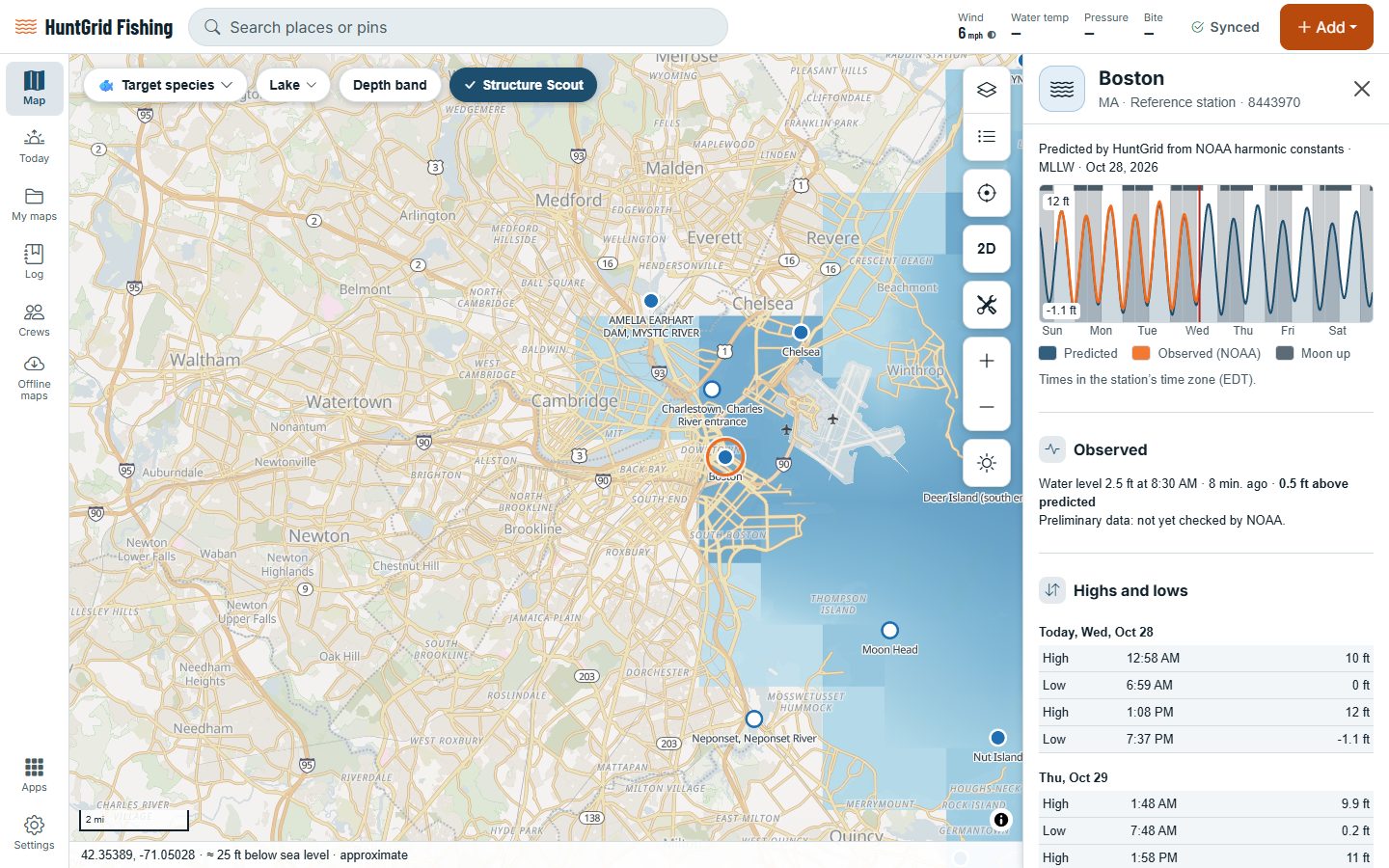 HuntGrid Fishing on a computer: a tide station’s curve for the week with highs and lows, sunrise and sunset, and the observed water level.