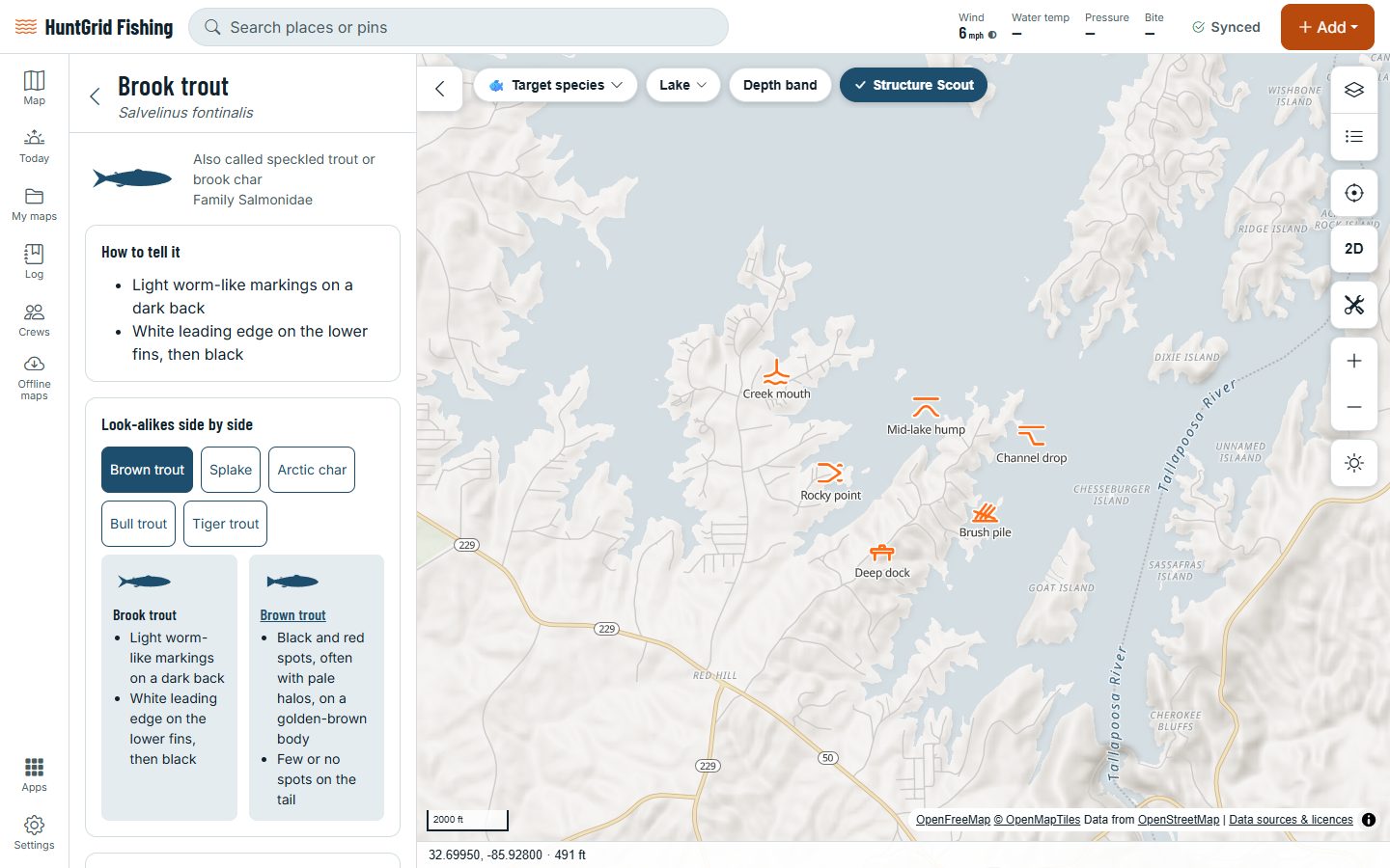 HuntGrid Fishing on a computer: the brook trout page of the species guide, with its marks and its look-alikes.