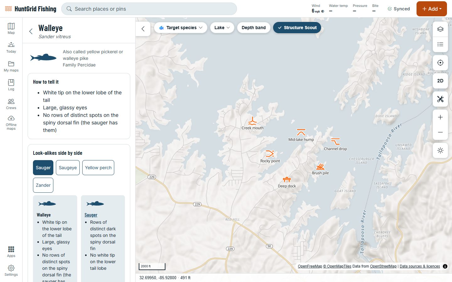 HuntGrid Fishing on a computer: the walleye page of the species guide, with its marks and its look-alikes.