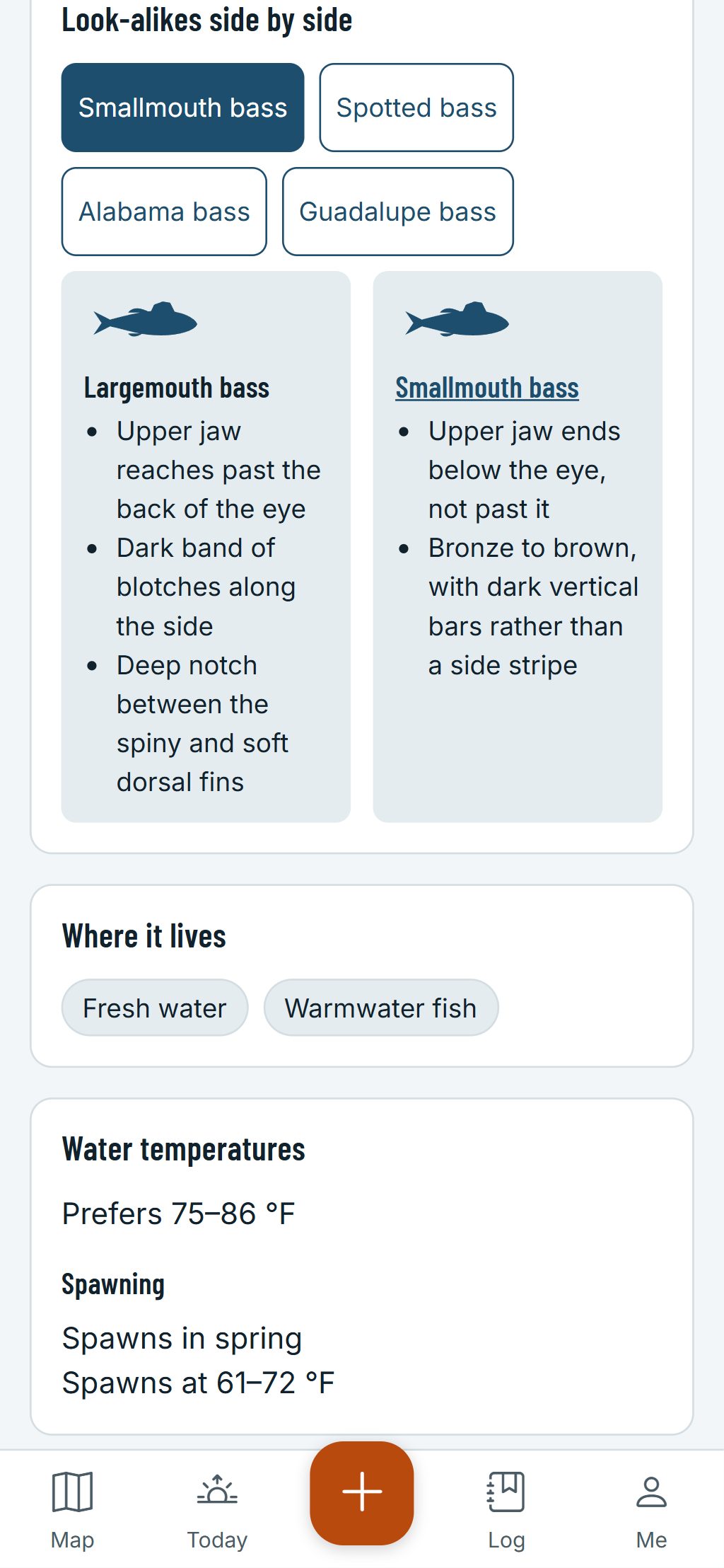 The species guide on a phone: a largemouth bass and a smallmouth bass side by side, with the marks that tell them apart.