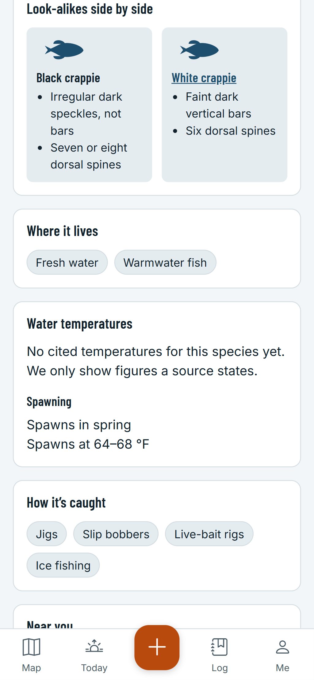 The species guide on a phone: a black crappie and a white crappie side by side, with the marks that tell them apart.