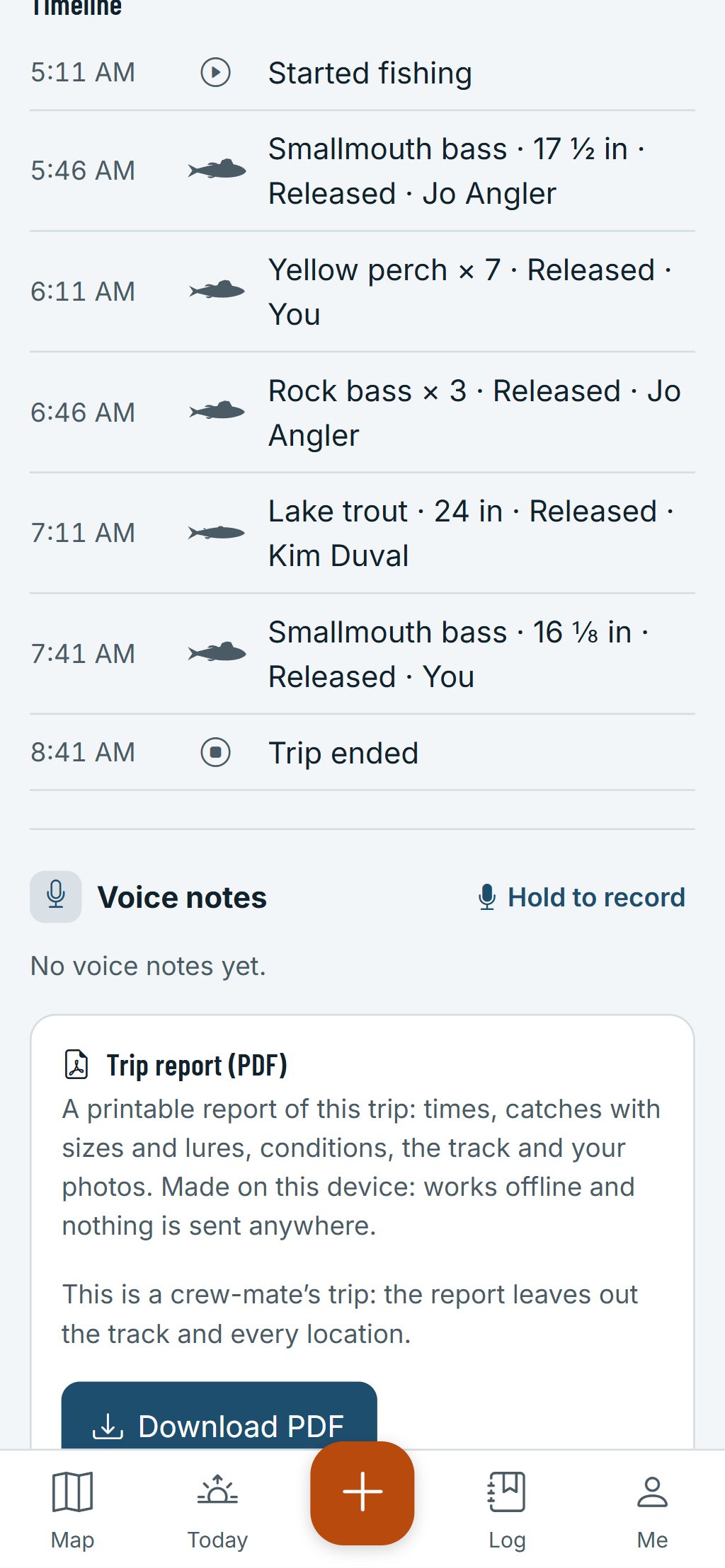 A crew trip on a phone: the shared timeline with each angler’s catches.