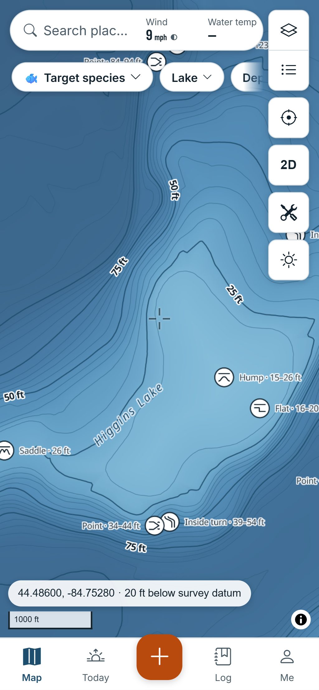 Structure Scout on a phone: a hump, a saddle and a point labelled on a lake, each with its depth range.