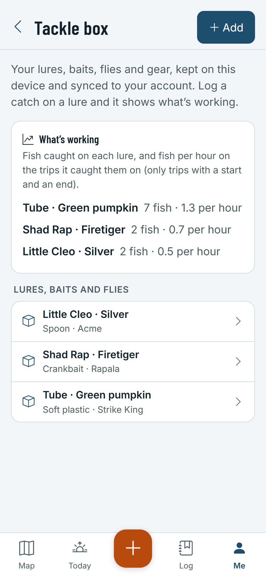 The tackle box on a phone: lures with their kind and colour, and What’s working with catches and fish per hour for each.