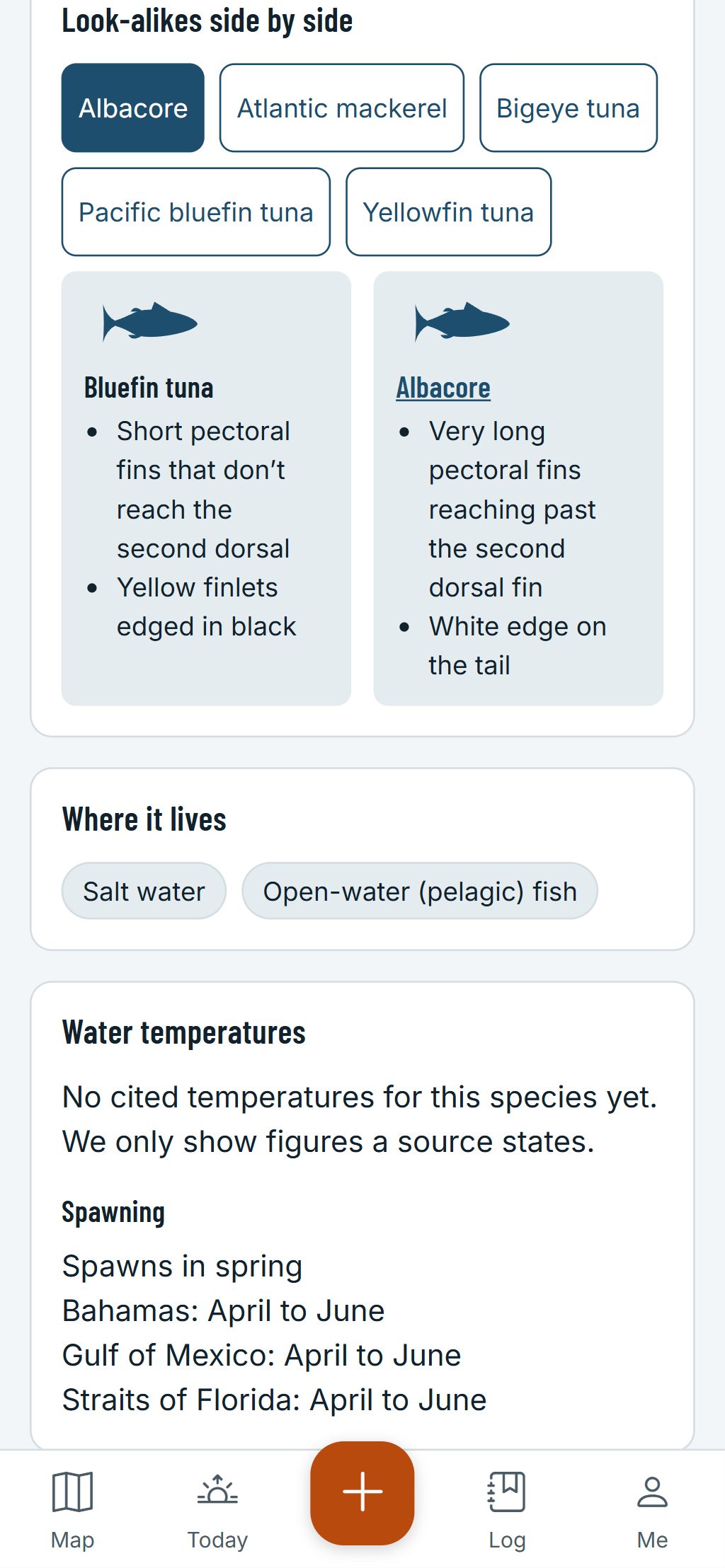 The species guide on a phone: a bluefin tuna and an albacore side by side, with the marks that tell them apart.