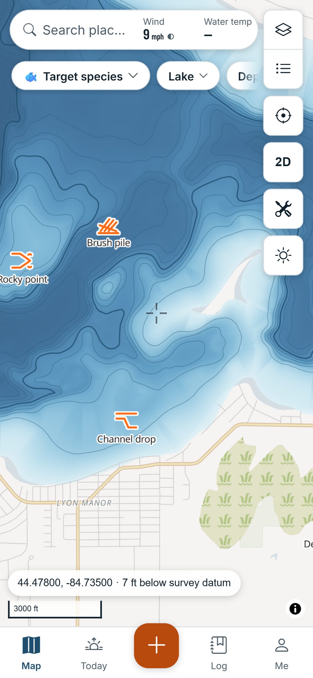 HuntGrid Fishing on a phone: an angler’s own spots on a lake, seen only by them.