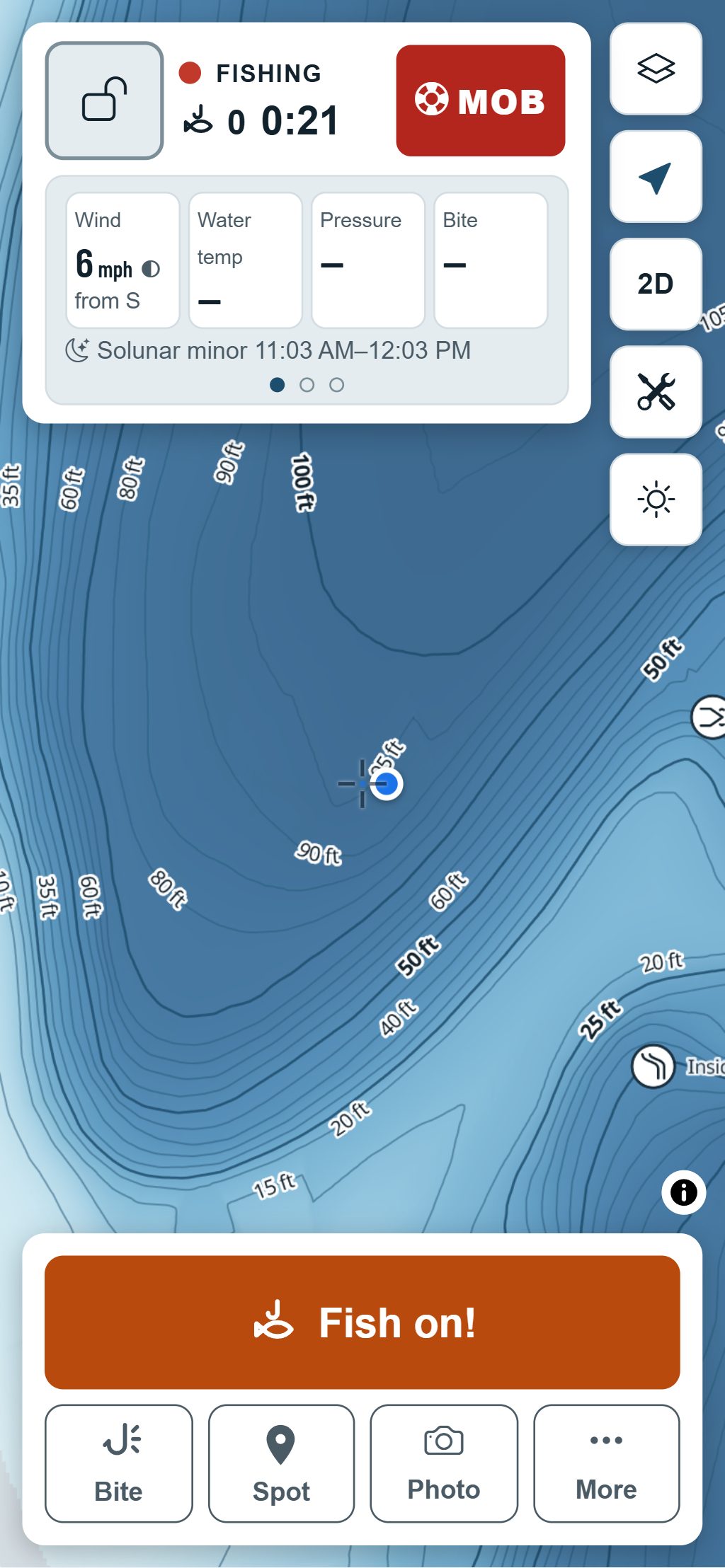 Fish Mode on a phone over the depth map: the big catch button with Bite, Spot and Photo, and the wind and solunar times.