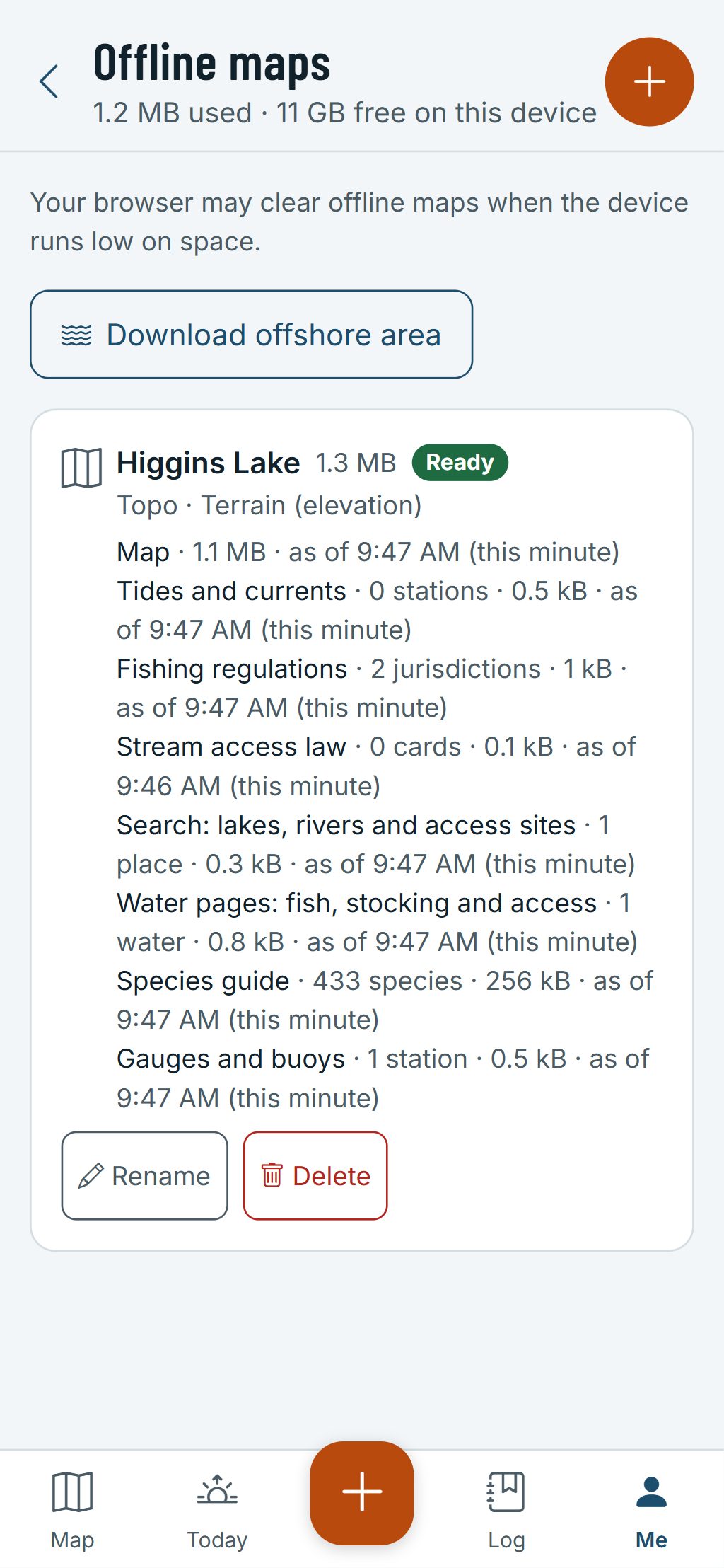 Offline maps on a phone: a downloaded lake, named after its water, with the map, regulations, water page and species guide saved in it.