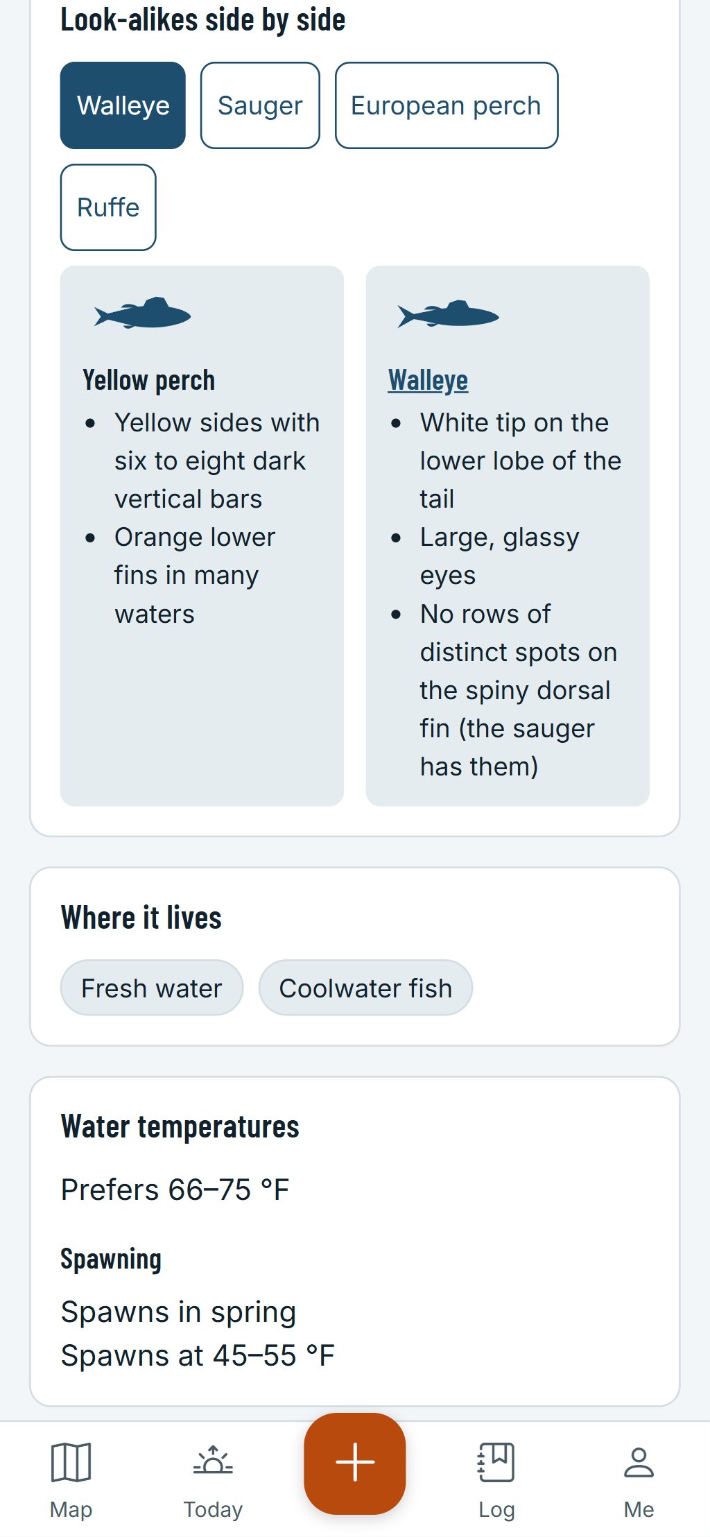 The species guide on a phone: a yellow perch and a walleye side by side, with the marks that tell them apart.