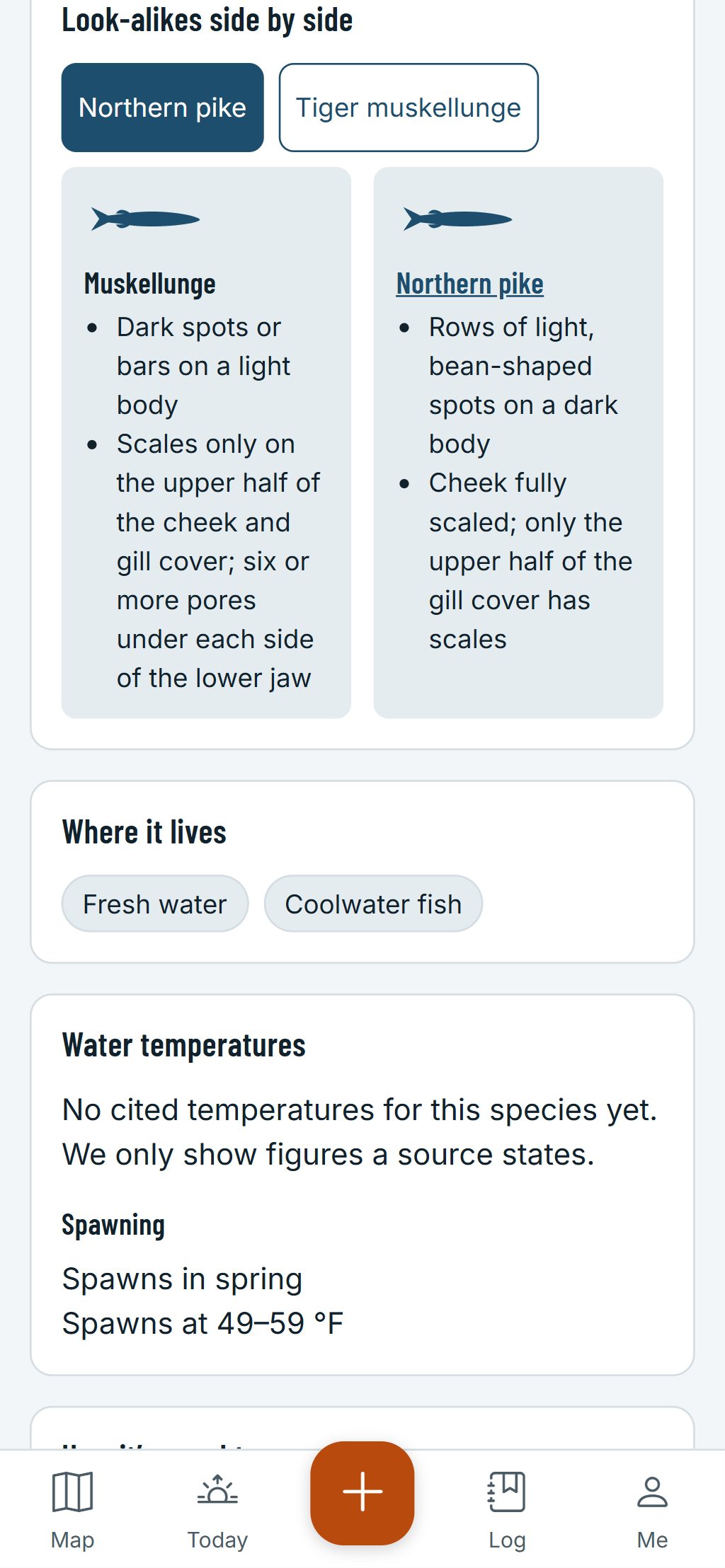 The species guide on a phone: a northern pike and a muskellunge side by side, with the marks that tell them apart.