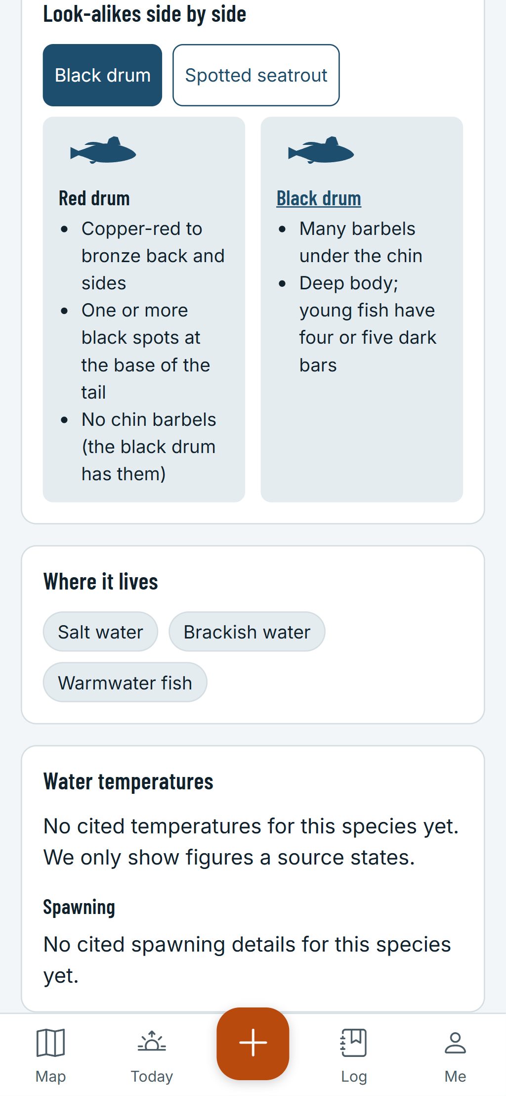 The species guide on a phone: a red drum and a black drum side by side, with the marks that tell them apart.