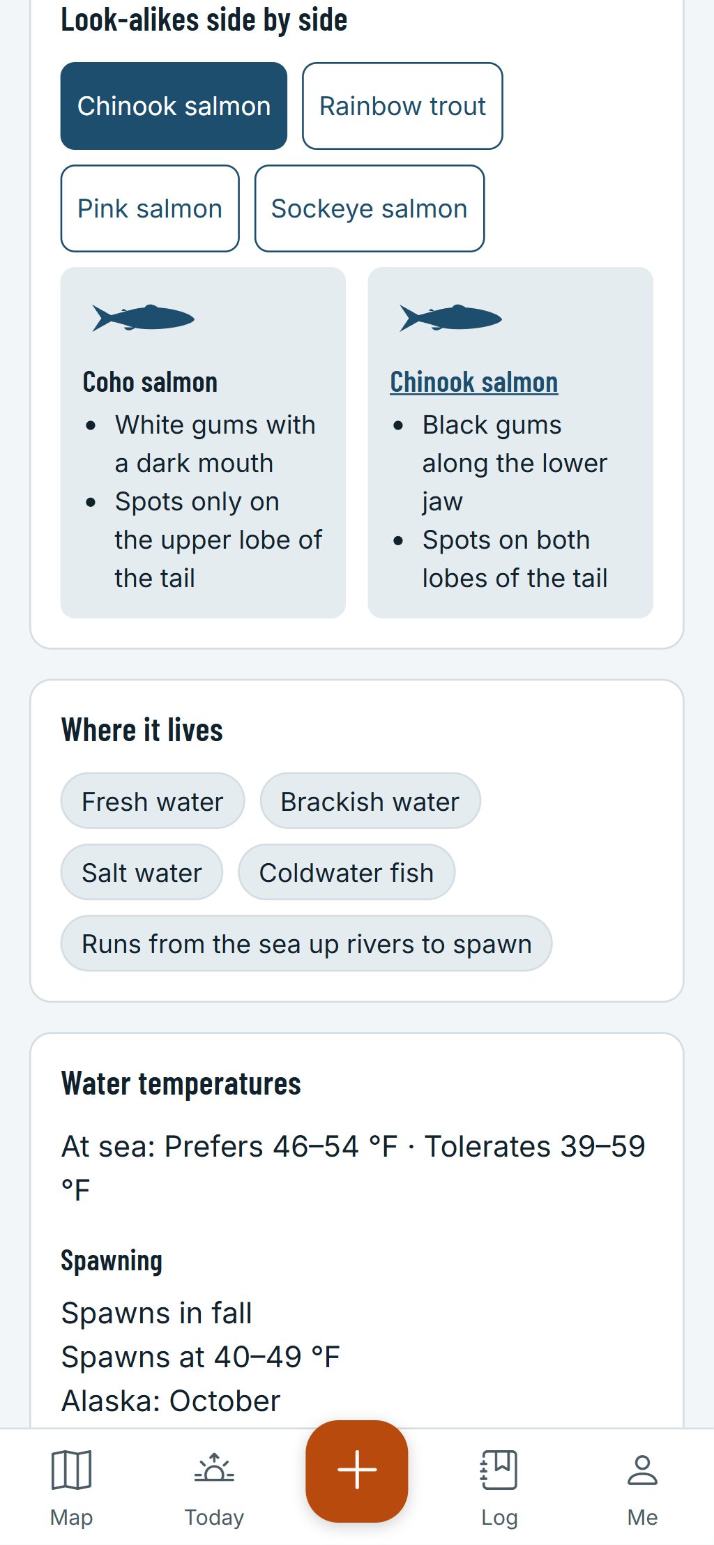 The species guide on a phone: a coho salmon and a Chinook salmon side by side, with the marks that tell them apart.