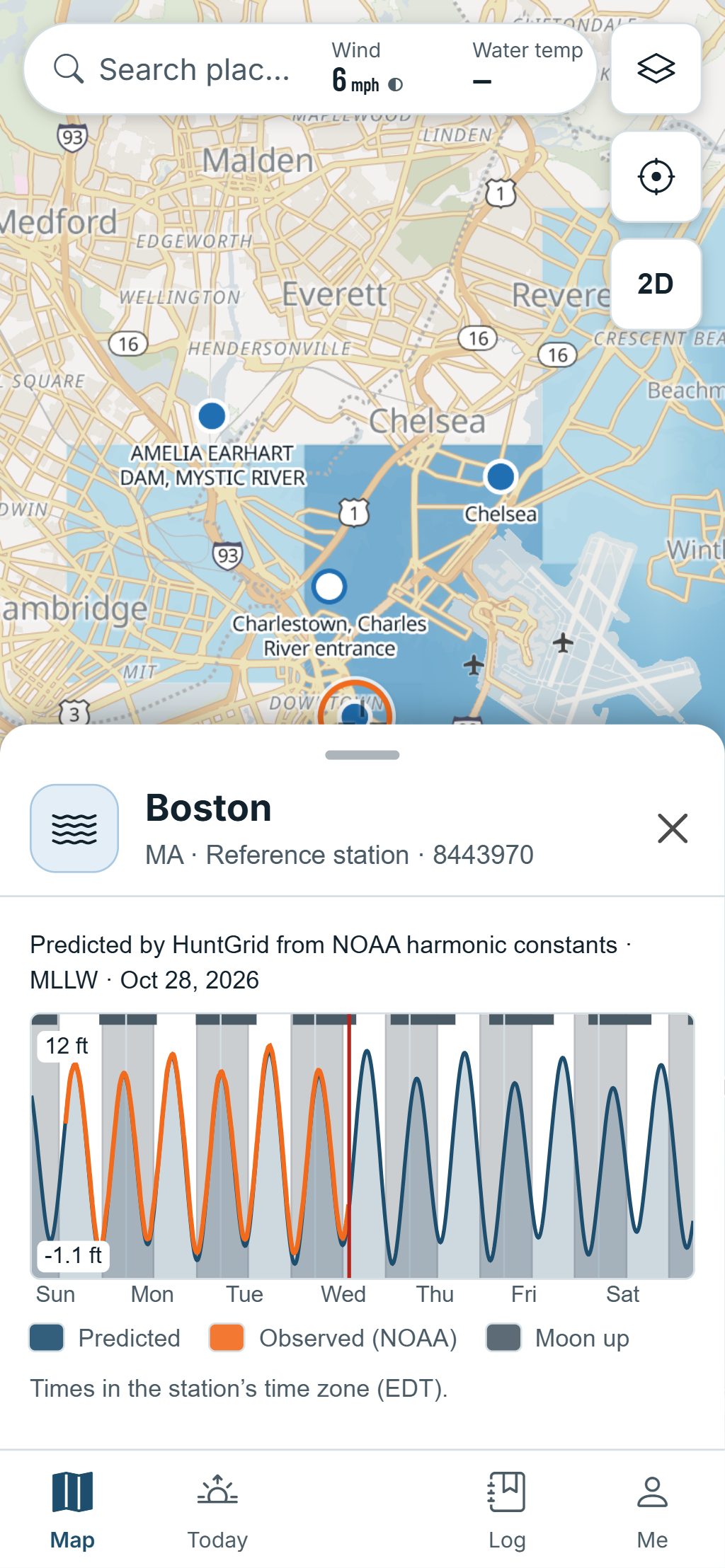 A tide station on a phone: the tide clock, the next high and low, and the curve for today.