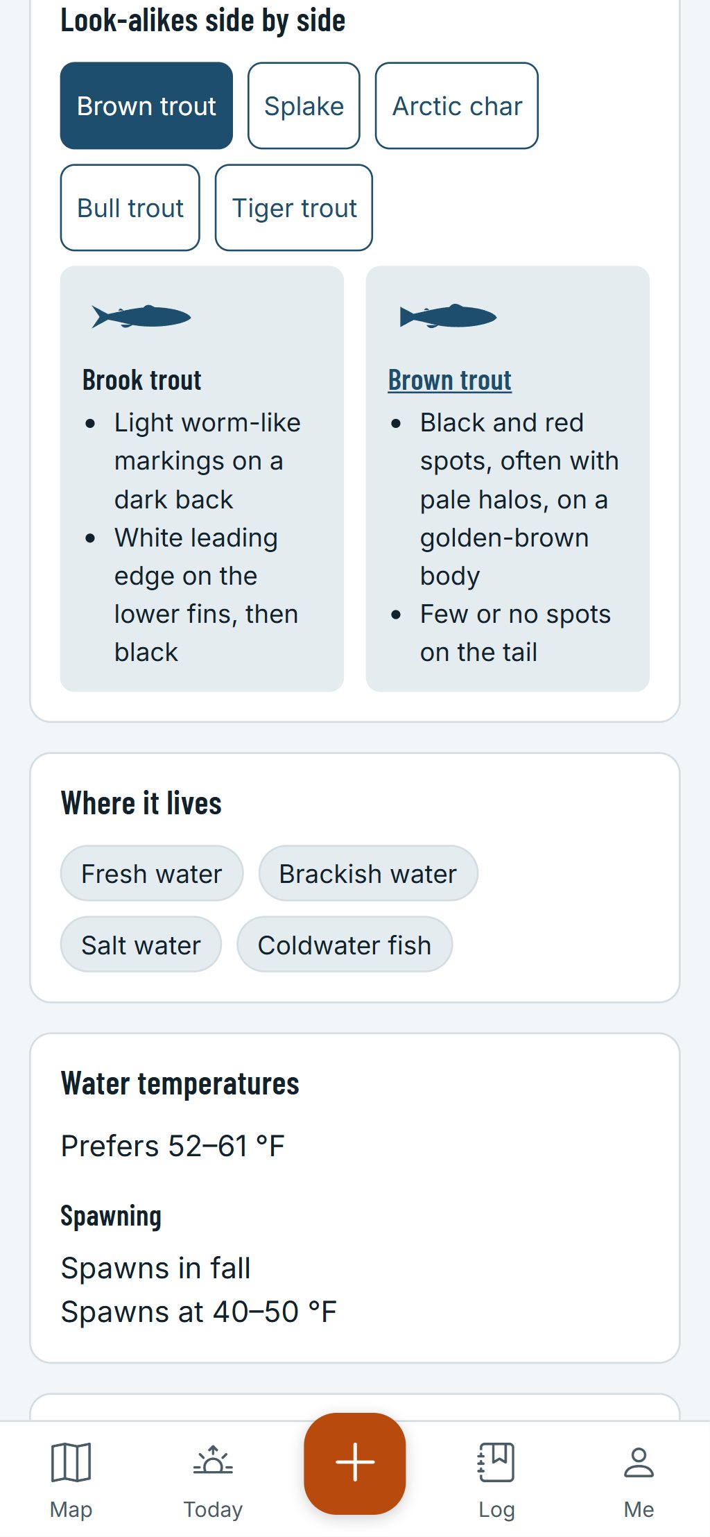 The species guide on a phone: a brook trout and a brown trout side by side, with the marks that tell them apart.