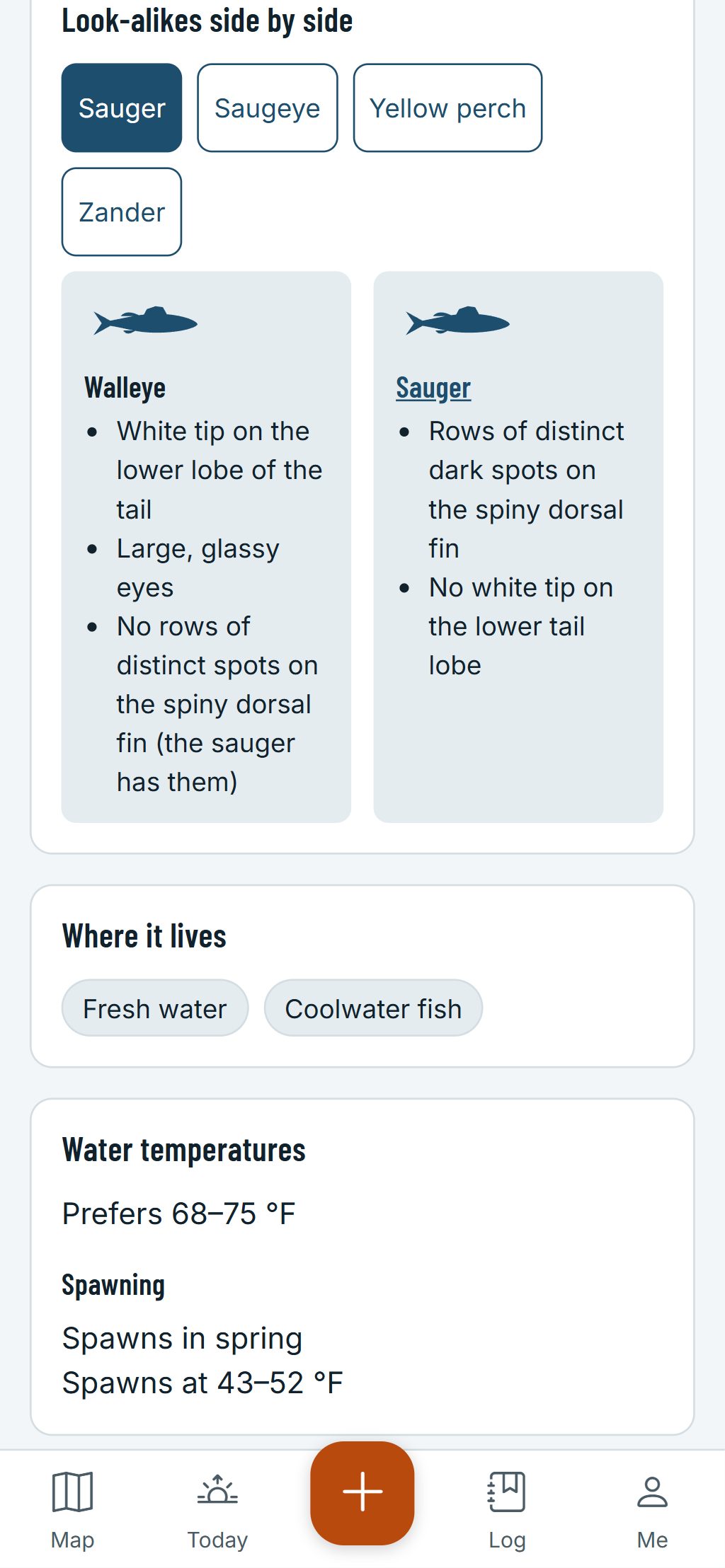 The species guide on a phone: a walleye and a sauger side by side, with the marks that tell them apart.