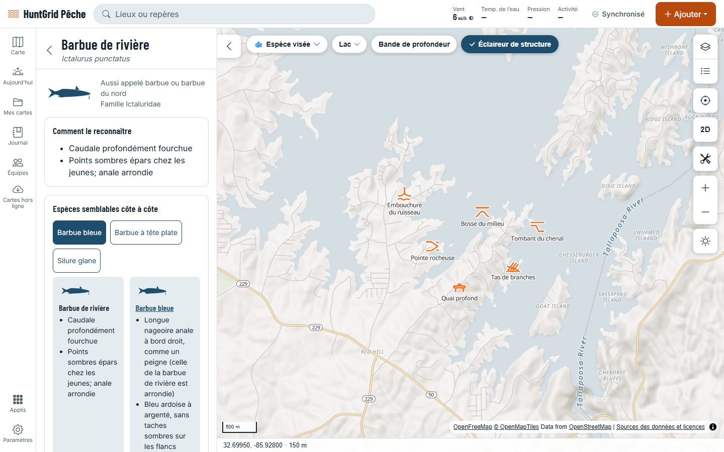 HuntGrid Pêche sur un ordinateur : la page de la barbue de rivière dans le guide des espèces, avec ses marques et les espèces semblables.