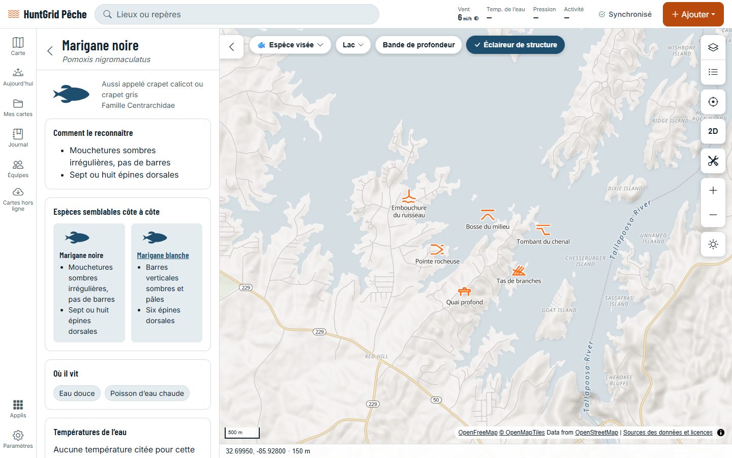 HuntGrid Pêche sur un ordinateur : la page de la marigane noire dans le guide des espèces, avec ses marques et les espèces semblables.