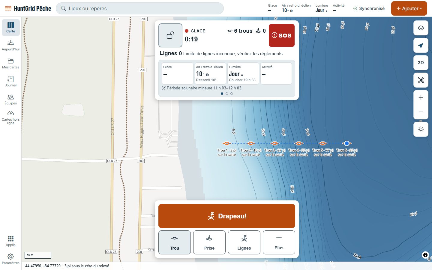 HuntGrid Pêche sur un ordinateur : la carte de profondeur d’un lac gelé avec six trous numérotés, chacun avec sa profondeur.