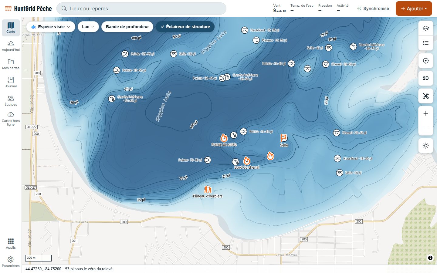 HuntGrid Pêche sur un ordinateur : des repères importés du fichier GPX d’un traceur, sur un lac avec des icônes de pêche.