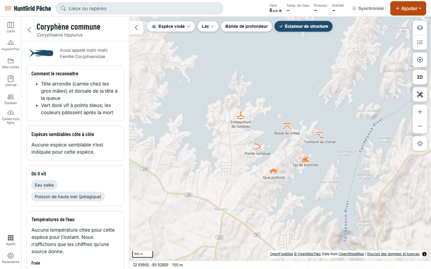 HuntGrid Pêche sur un ordinateur : la page de la coryphène commune (mahi-mahi) dans le guide des espèces, avec ses marques et ses noms.