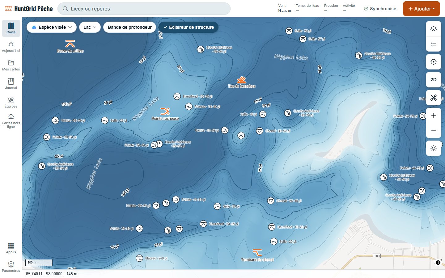 HuntGrid Pêche sur un ordinateur : la carte d’un lac avec les coins d’un pêcheur marqués d’icônes de pêche.
