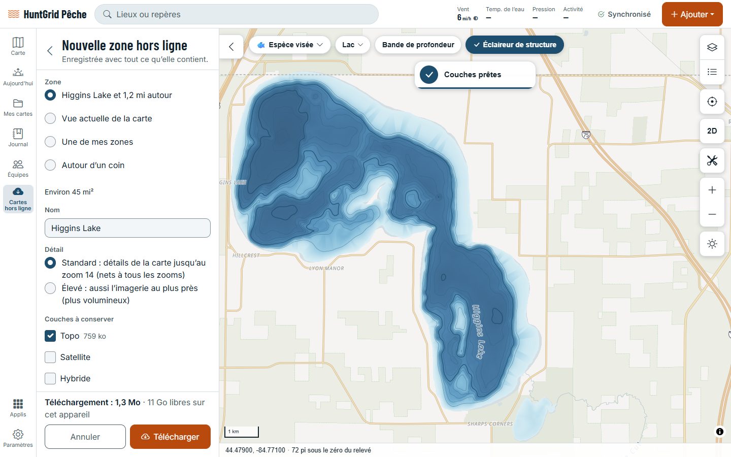 HuntGrid Pêche sur un ordinateur : un nouveau secteur hors ligne pour un lac et 2 km autour, à côté de la carte de profondeur du lac, avec son nom et la taille du téléchargement.