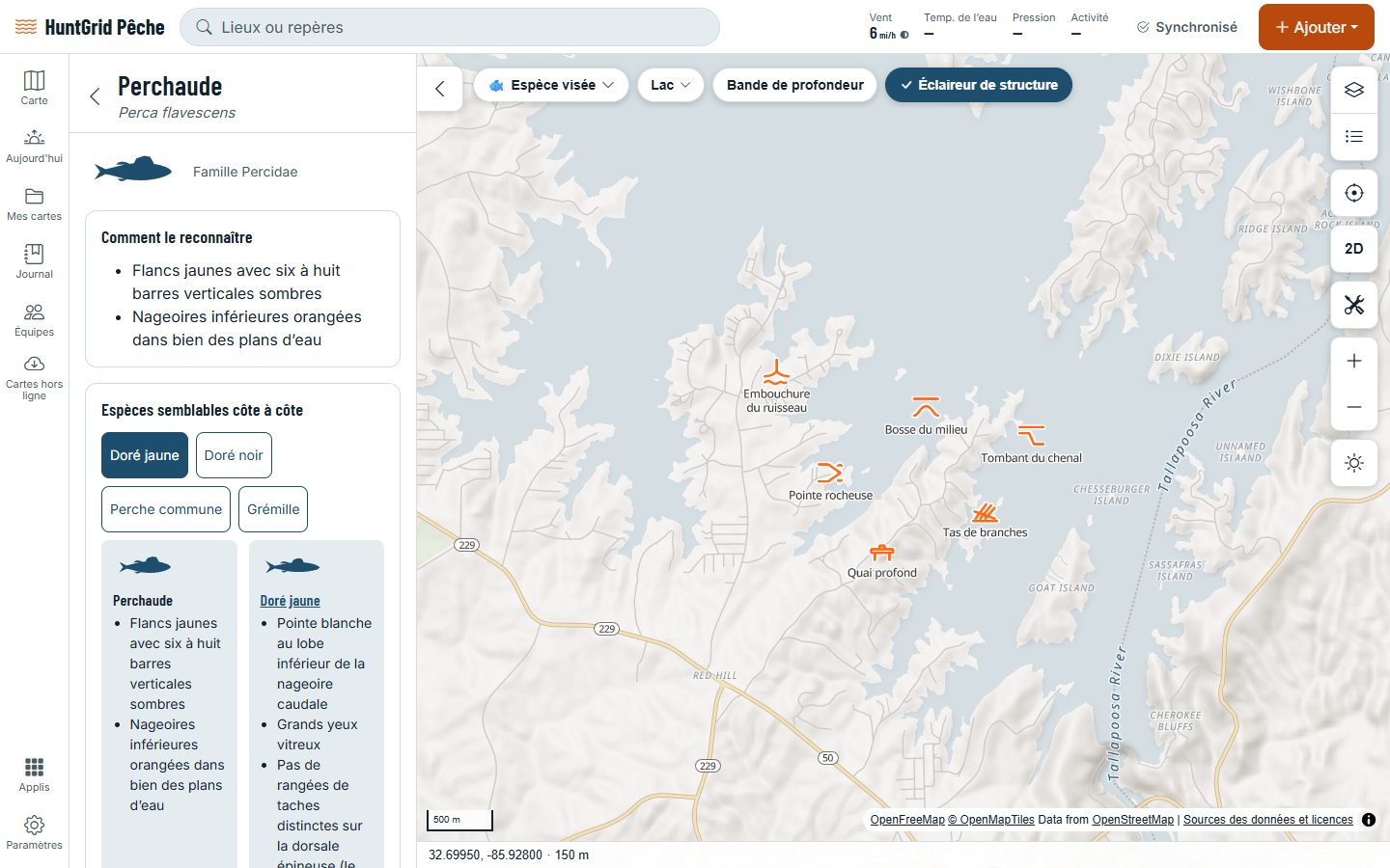 HuntGrid Pêche sur un ordinateur : la page de la perchaude dans le guide des espèces, avec ses marques et les espèces semblables.