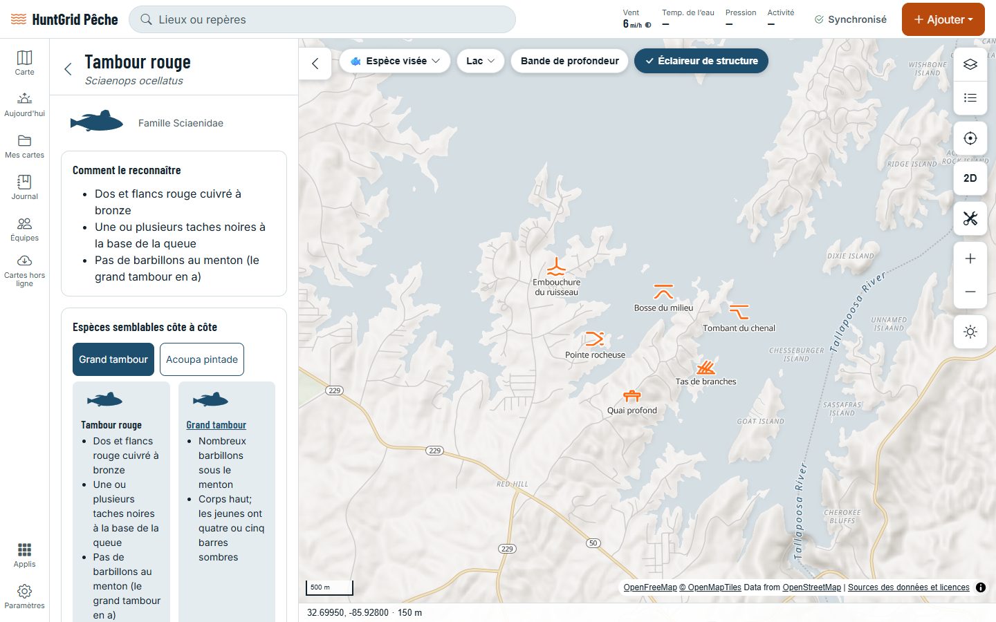HuntGrid Pêche sur un ordinateur : la page du tambour rouge dans le guide des espèces, avec ses marques et les espèces semblables.