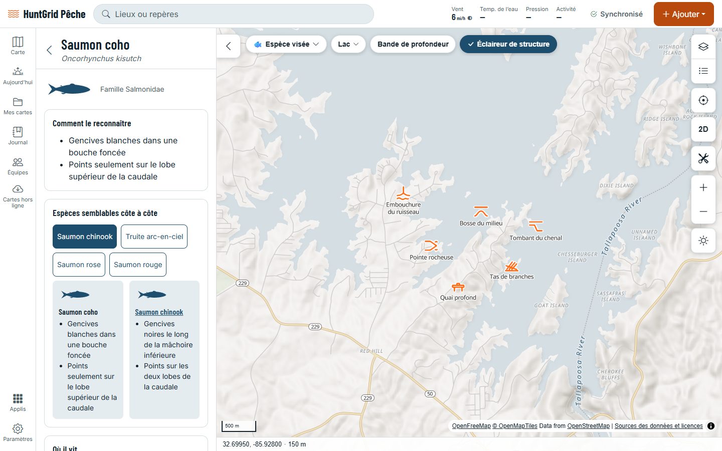 HuntGrid Pêche sur un ordinateur : la page du saumon coho dans le guide des espèces, avec ses marques et les espèces semblables.