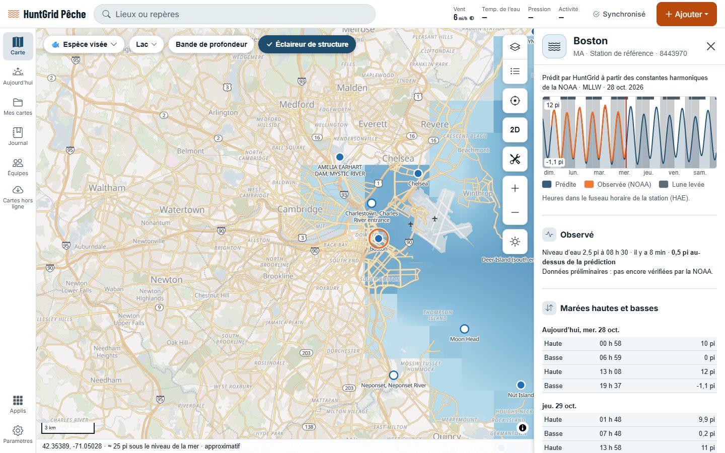 HuntGrid Pêche sur un ordinateur : la courbe de la semaine d’une station de marée avec pleines et basses mers, lever et coucher du soleil, et le niveau observé.