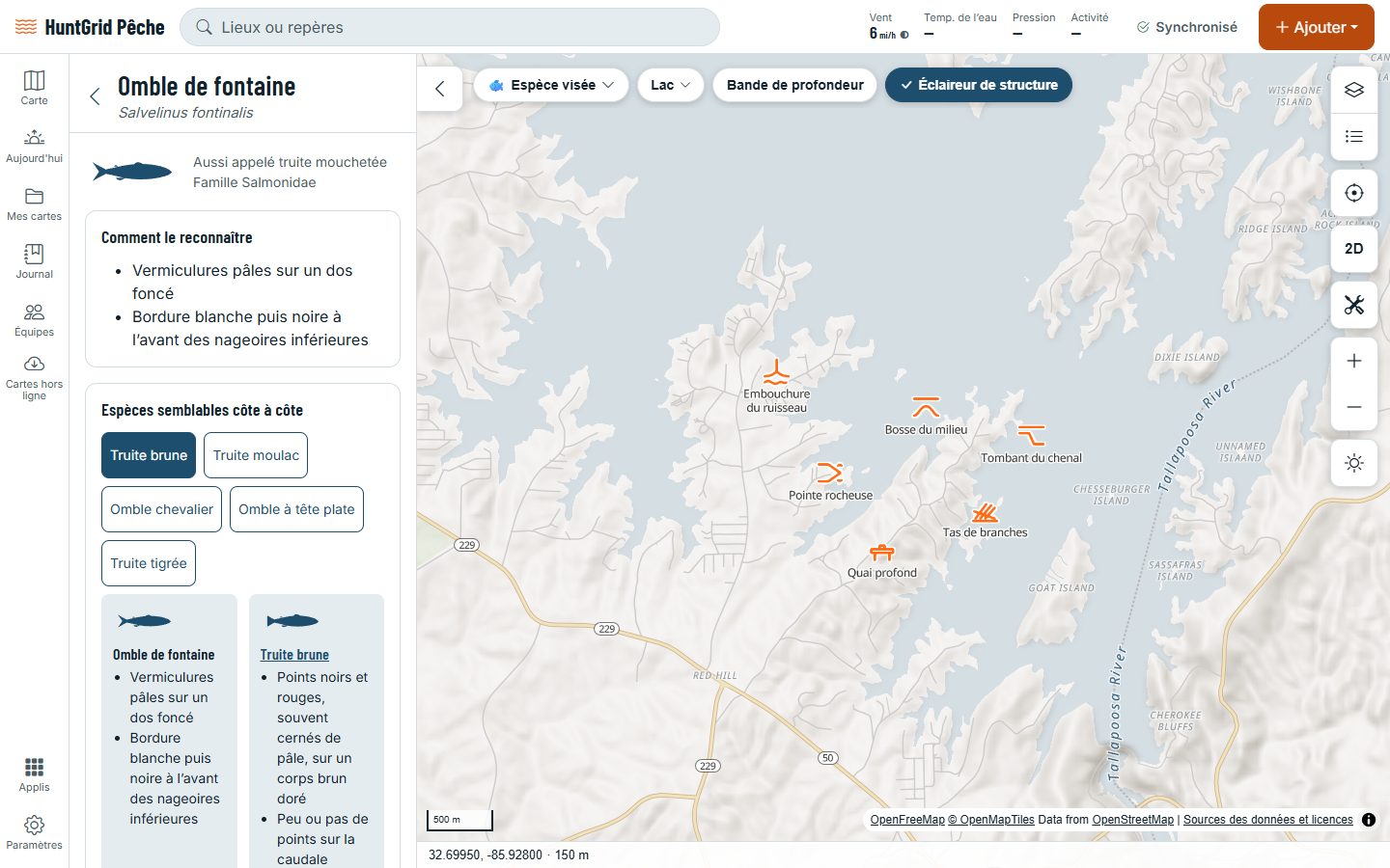 HuntGrid Pêche sur un ordinateur : la page de l’omble de fontaine dans le guide des espèces, avec ses marques et les espèces semblables.