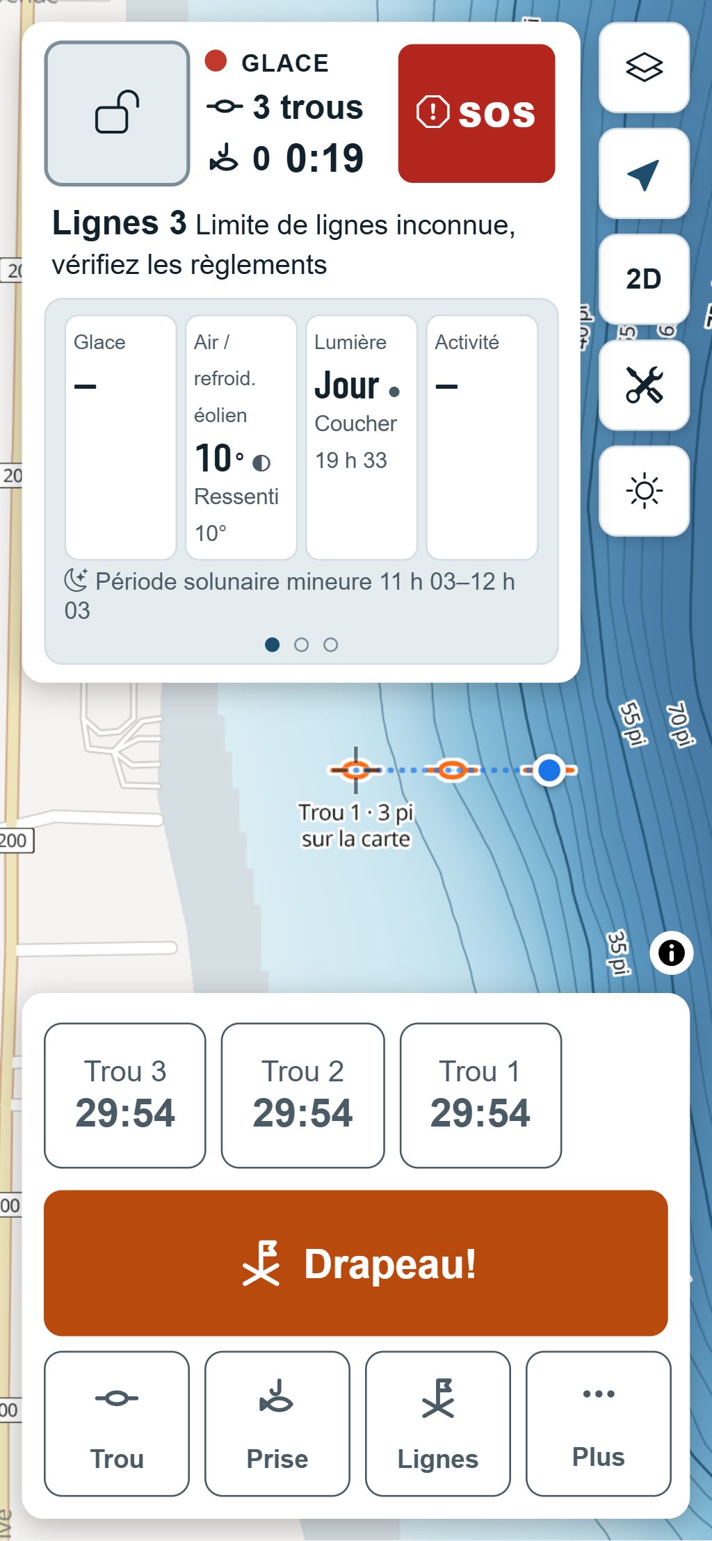Le mode Glace sur un téléphone : trois trous sur la carte de profondeur, une minuterie de brimbale pour chacun, les lignes en usage et le bouton Drapeau!.