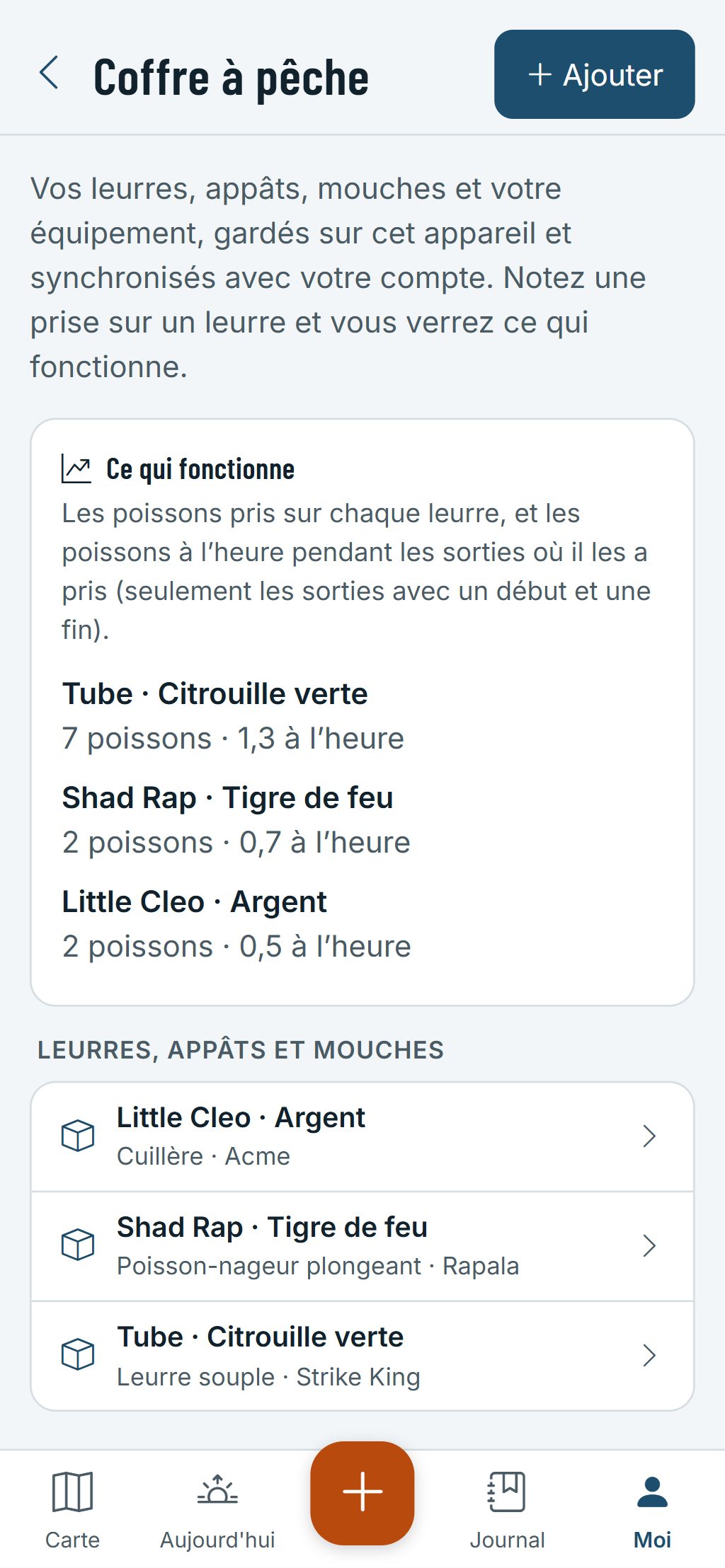 Le coffre à pêche sur un téléphone : des leurres avec leur type et leur couleur, et Ce qui fonctionne avec les prises et les poissons par heure de chacun.