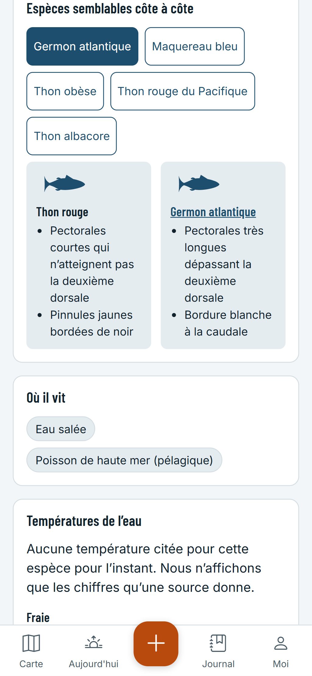 Le guide des espèces sur un téléphone : un thon rouge et un germon atlantique côte à côte, avec les marques qui les distinguent.