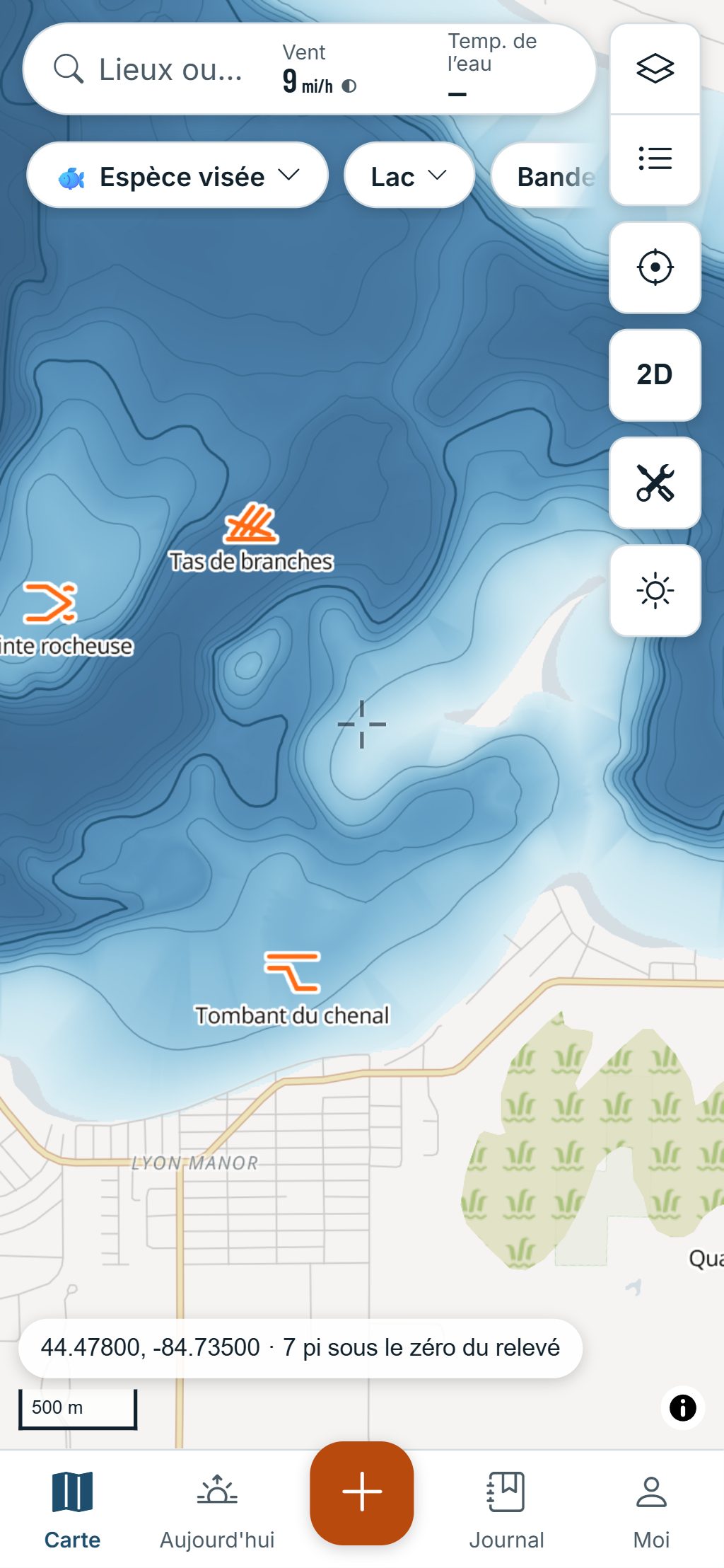HuntGrid Pêche sur un téléphone : les coins d’un pêcheur sur un lac, visibles par lui seul.