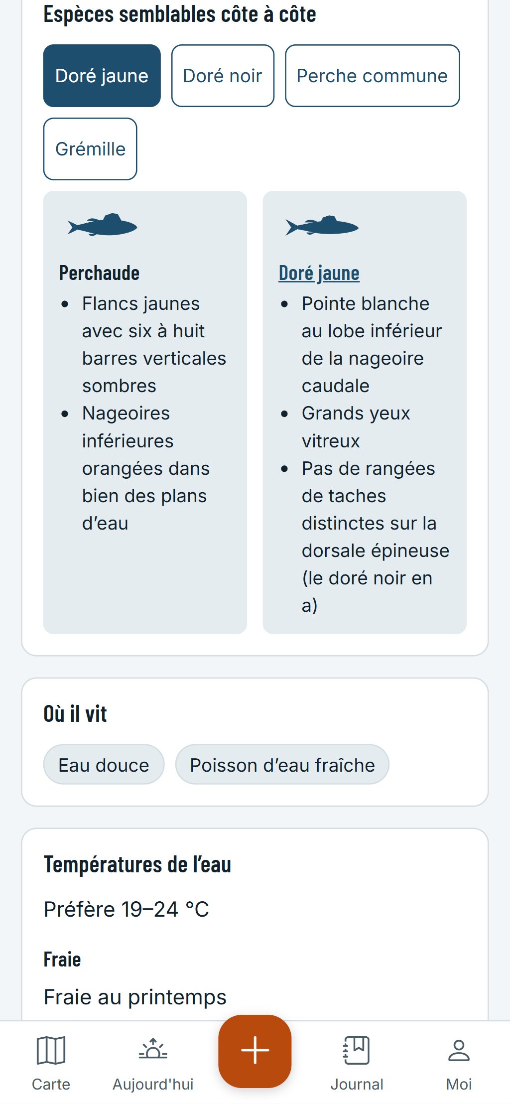 Le guide des espèces sur un téléphone : une perchaude et un doré jaune côte à côte, avec les marques qui les distinguent.
