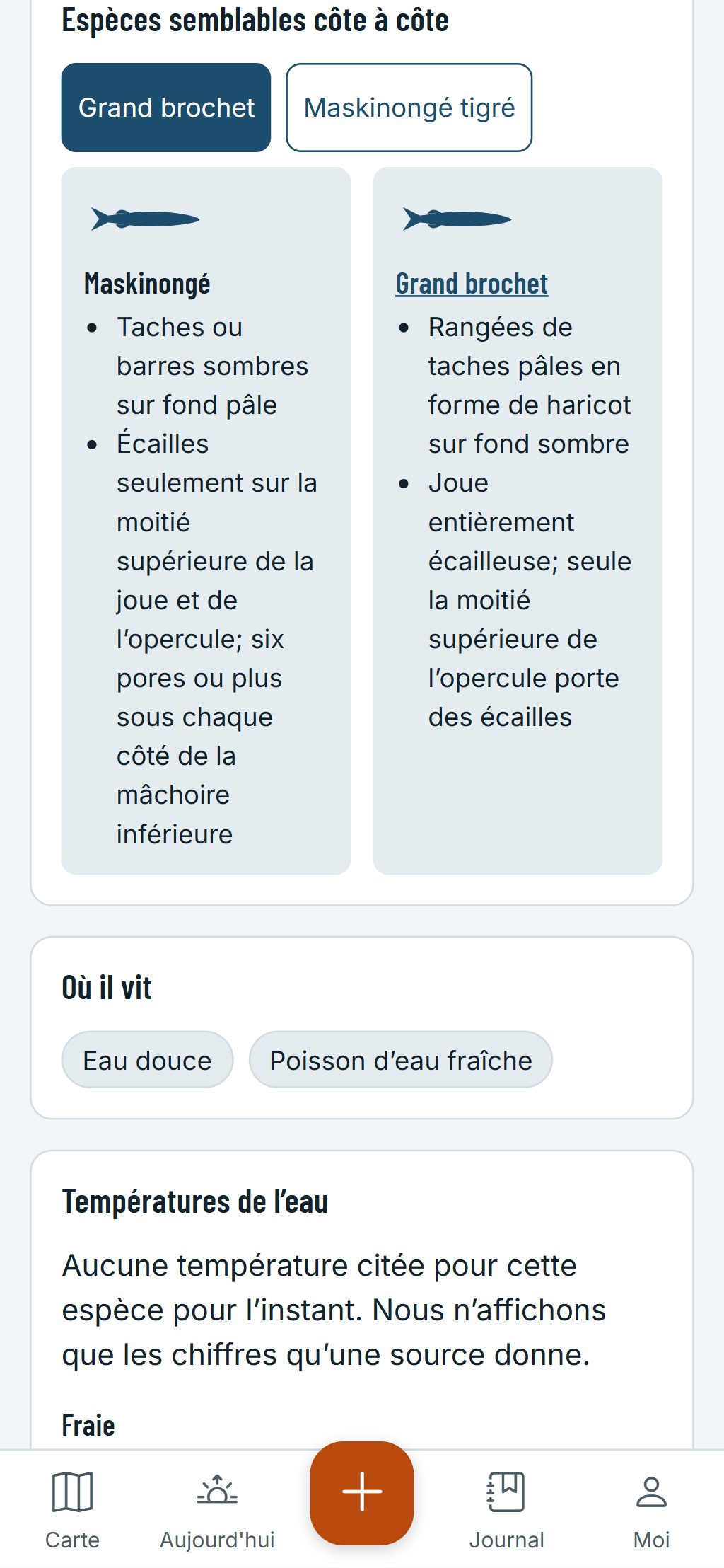 Le guide des espèces sur un téléphone : un grand brochet et un maskinongé côte à côte, avec les marques qui les distinguent.