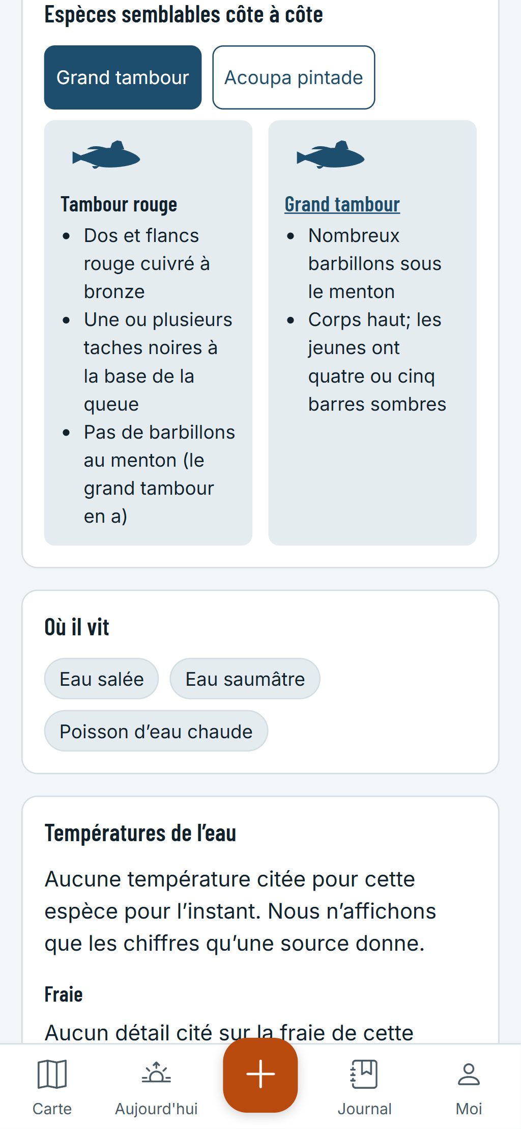 Le guide des espèces sur un téléphone : un tambour rouge et un grand tambour côte à côte, avec les marques qui les distinguent.