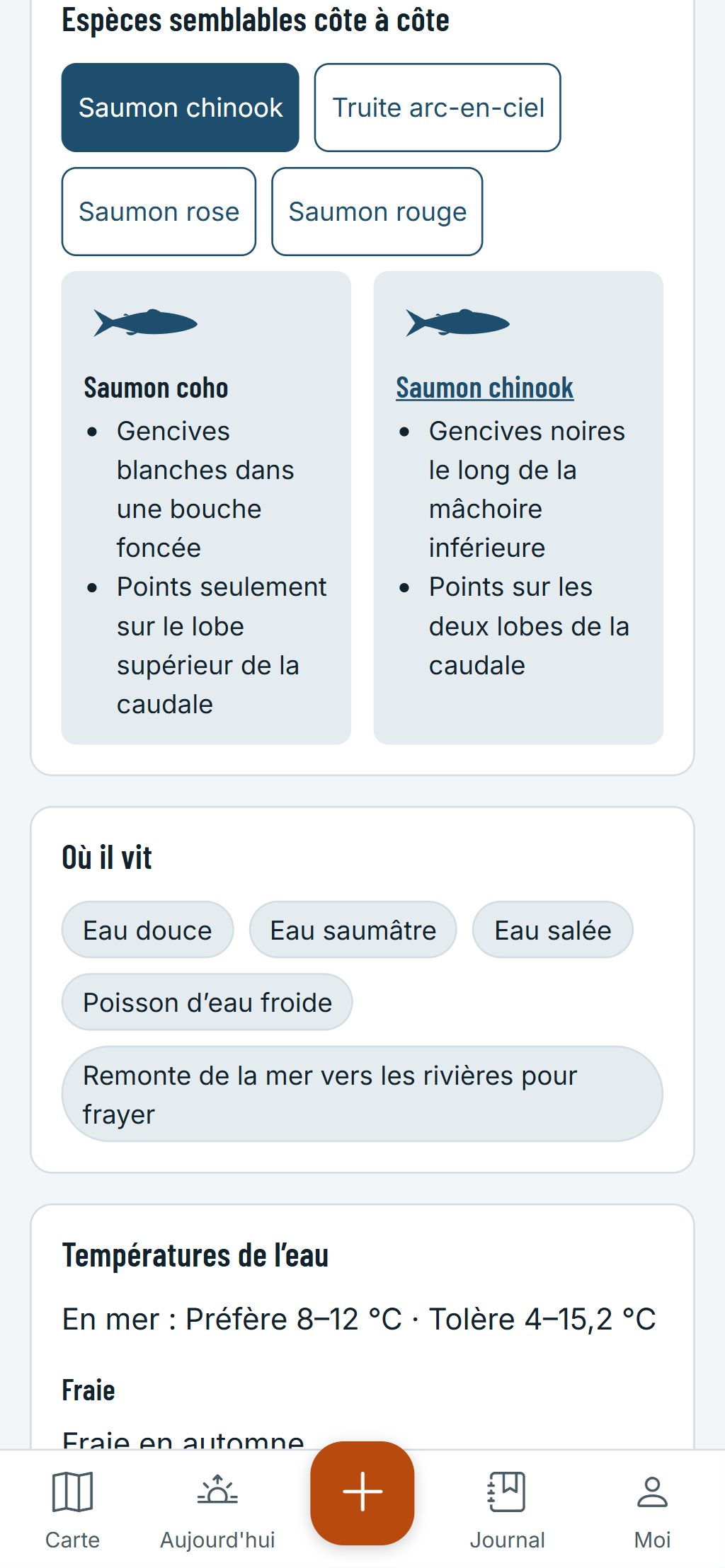 Le guide des espèces sur un téléphone : un saumon coho et un saumon chinook côte à côte, avec les marques qui les distinguent.
