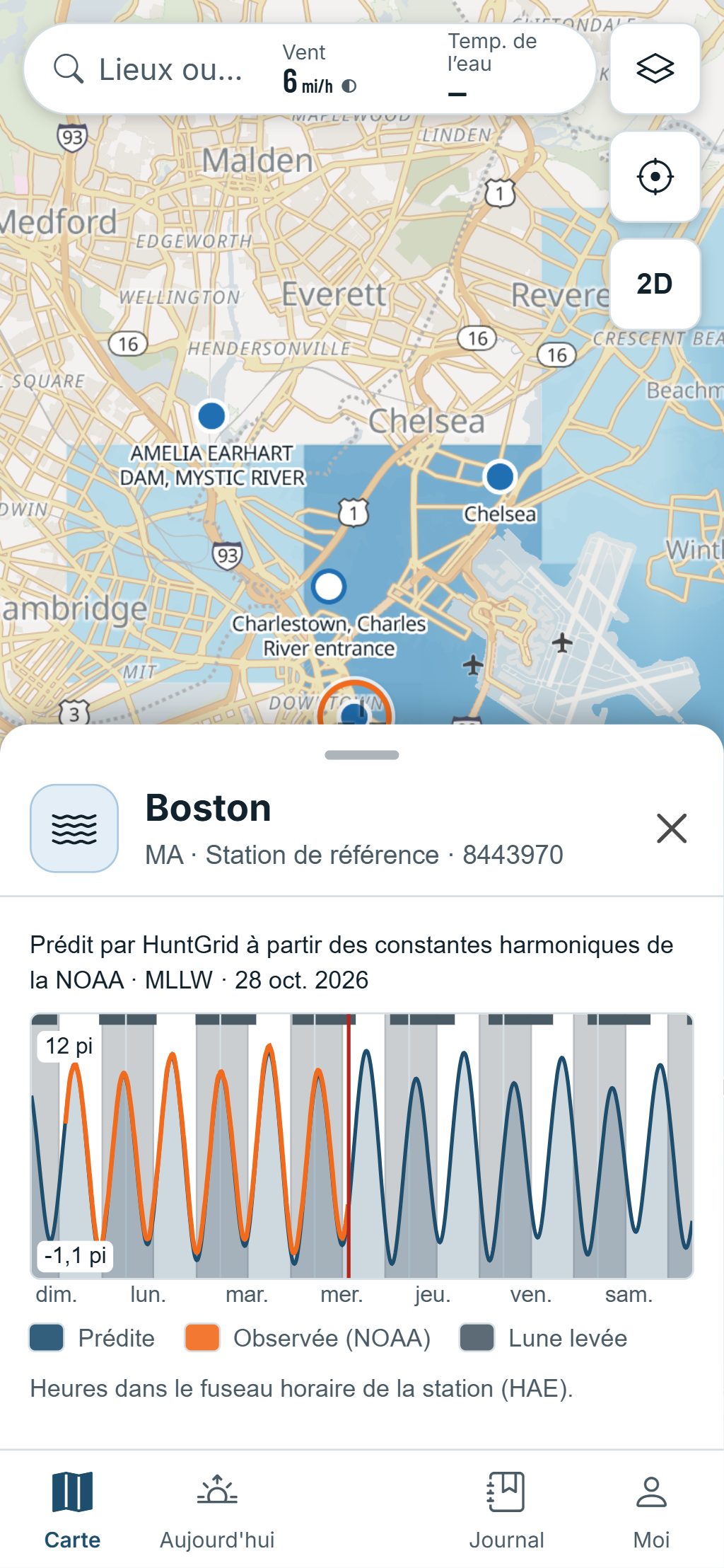 Une station de marée sur un téléphone : l’horloge des marées, les prochaines pleine et basse mers, et la courbe du jour.